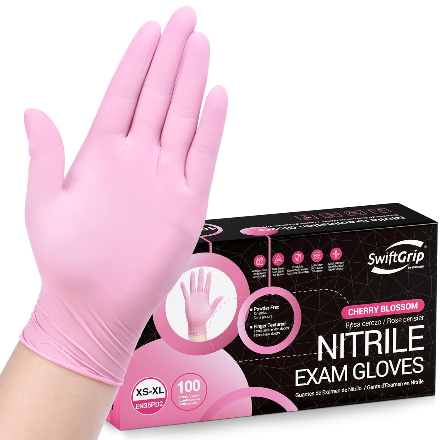 SwiftGrip Disposable Light-Duty Nitrile Gloves Case Pack – Cherry Blossom, 3 Mil, EN35F Series, (10) x 100 Count Boxes (1000 Count)