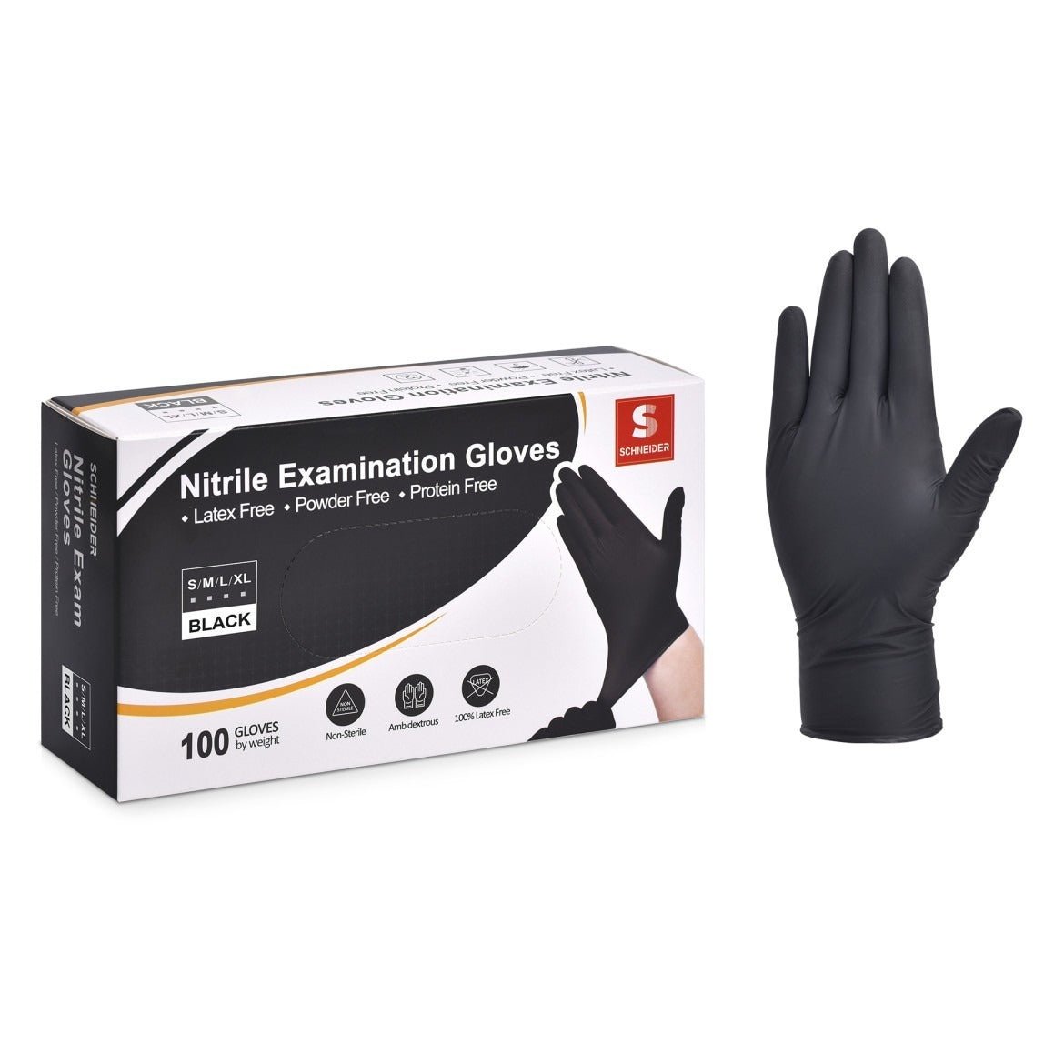 Schneider Disposable Nitrile Exam Gloves Case Pack – Black, 4 Mil, NBFK71 Series, (10) x 100 Count Boxes (1000 Count)