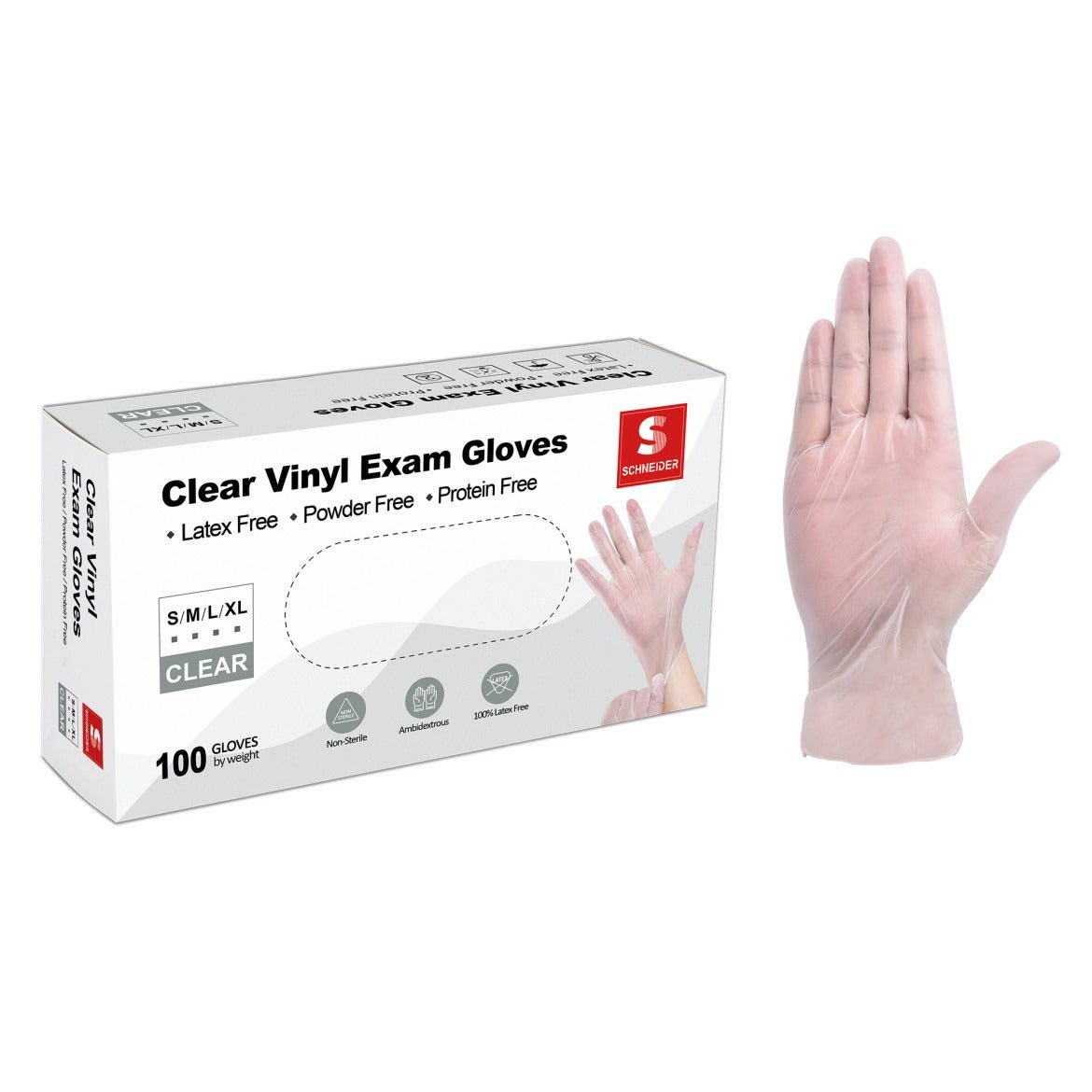 Schneider Disposable Vinyl Exam Gloves Case Pack – Clear, 4 Mil, VMFC20 Series, (10) x 100 Count Boxes (1000 Count)