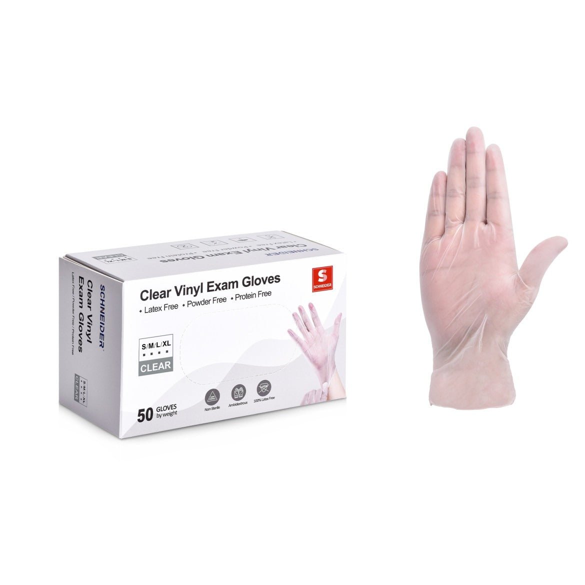 Schneider Disposable Vinyl Exam Gloves Case Pack – Clear, 4 Mil, VMFC20 Series, (20) x 50 Count Boxes (1000 Count)