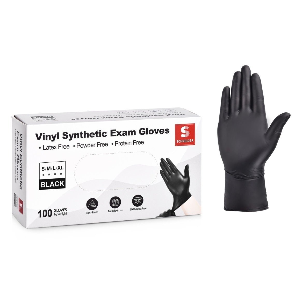 Schneider Disposable Vinyl Synthetic Exam Gloves Case Pack – Black, 4 Mil, VSFK31 Series, (10) x 100 Count Boxes (1000 Count)