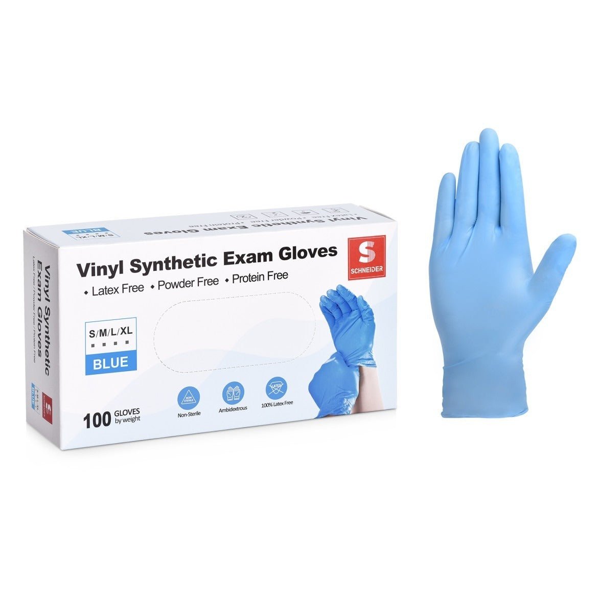 Schneider Disposable Vinyl Synthetic Exam Gloves Case Pack – Blue, 4 Mil, VSFB30 Series, (10) x 100 Count Boxes (1000 Count)