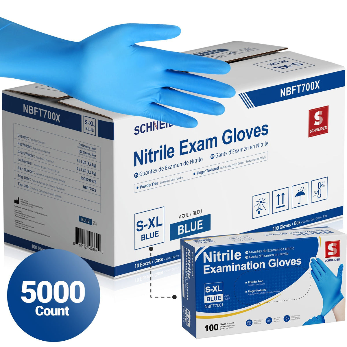 Schneider Nitrile Gloves, 5000 Count, Blue, 4Mil - (NBFT700X-C)