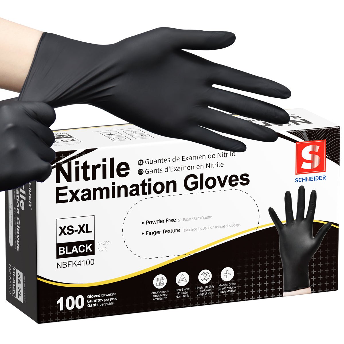 Schneider Nitrile Gloves Latex-Free 2.5Mil Disposable Gloves Black - (NBFK41)