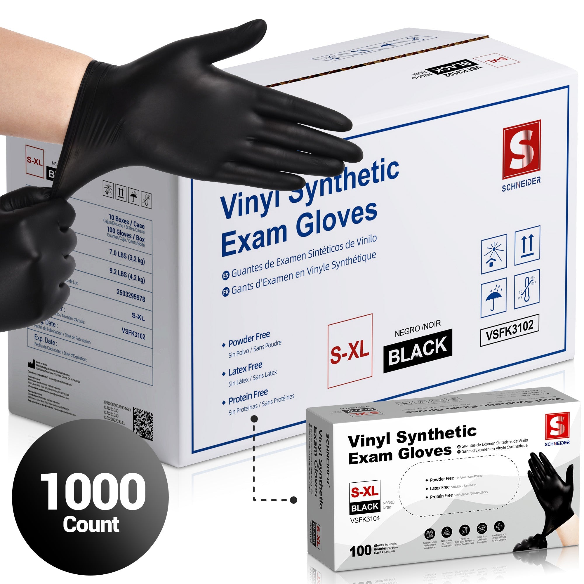 Guantes de vinilo Schneider desechables de 4 milésimas de pulgada sin látex, negros - (VSFK31)