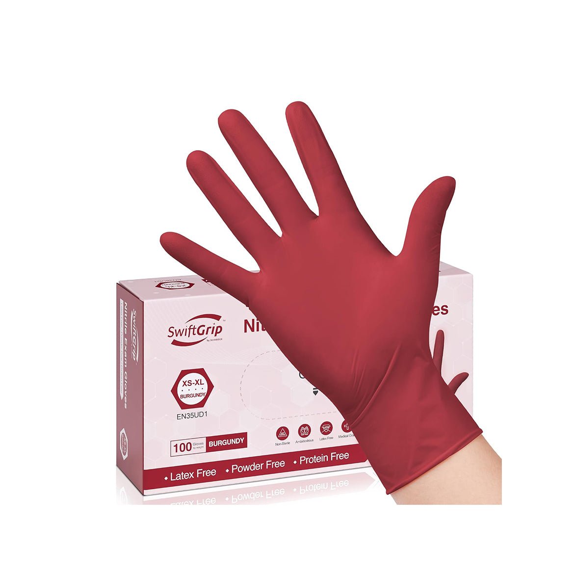 SwiftGrip Disposable Light-Duty Nitrile Exam Gloves Case Pack – Burgundy, 3 Mil, EN35U Series, (10) x 100 Count Boxes (1000 Count)