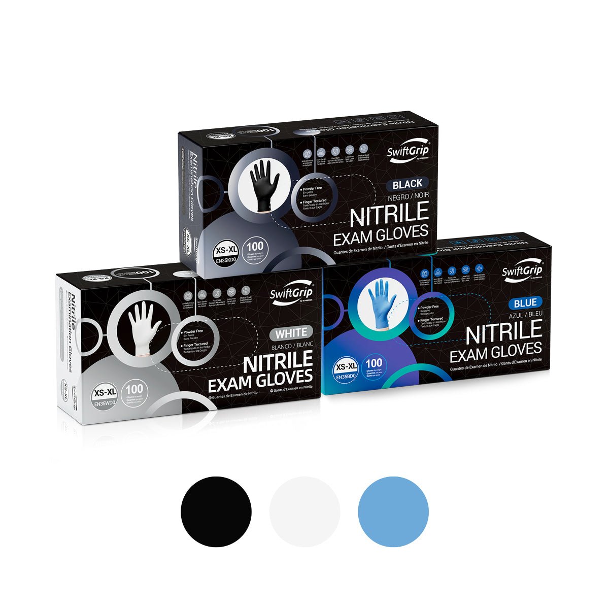 SwiftGrip Everyday Home Essentials Set Nitrile Disposable Gloves Black, White & Blue boxes