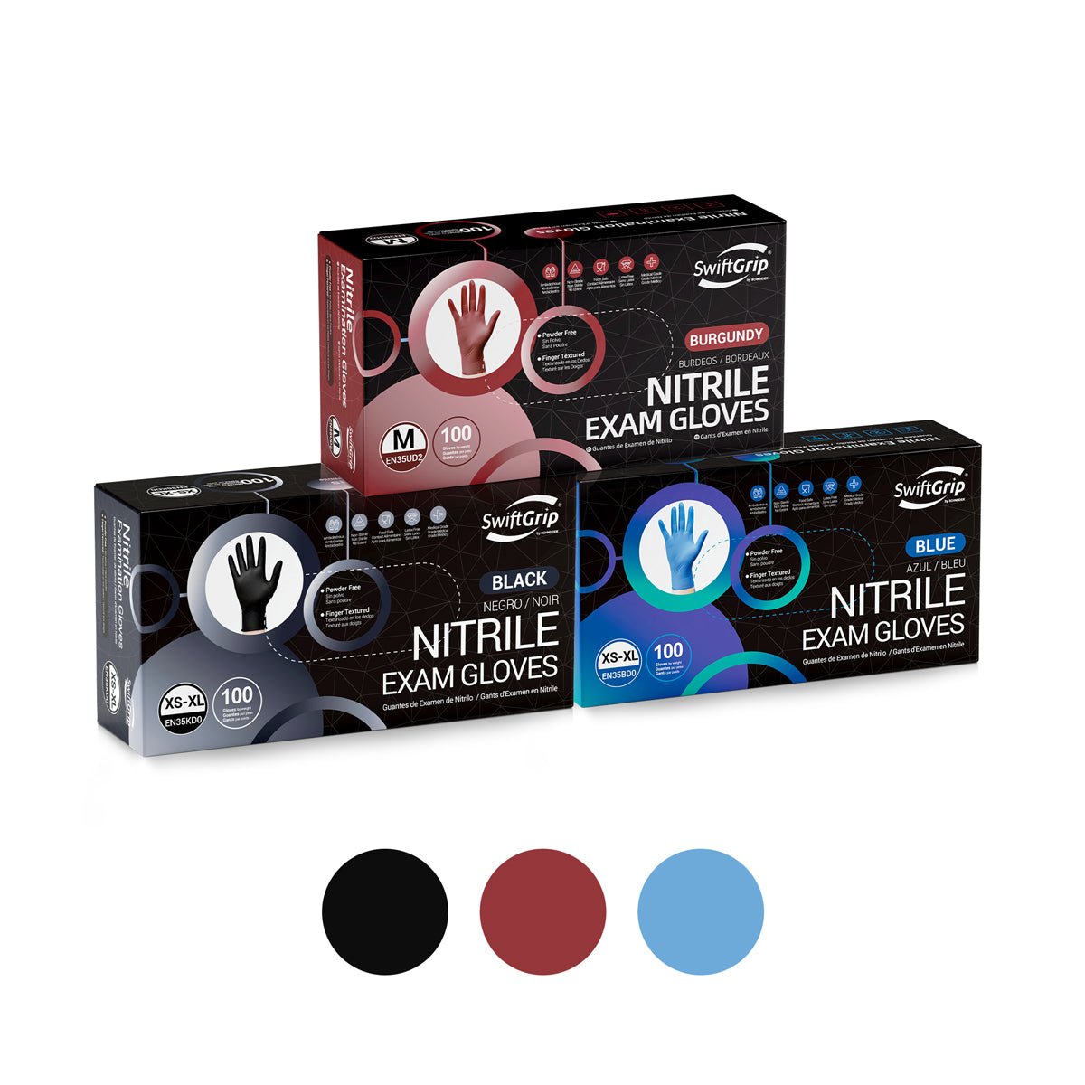 Three boxes of SwiftGrip nitrile exam gloves in black, blue, and red on a white background.