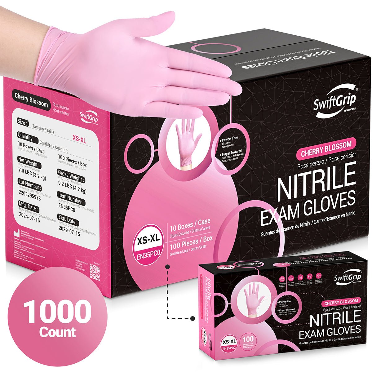 SwiftGrip Nitrile Gloves Cherry Blossom, 3mil, 1,000 Count - (EN35PDX-C)