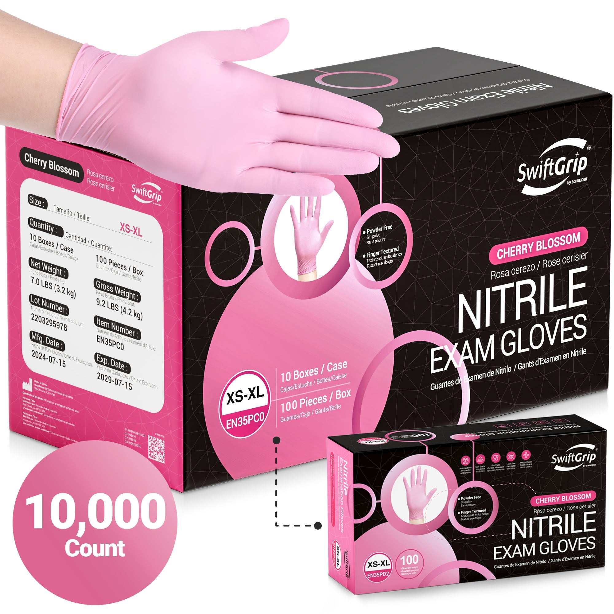 SwiftGrip Nitrile Gloves Cherry Blossom, 3mil, 10,000 Count - (EN35PDX-C)