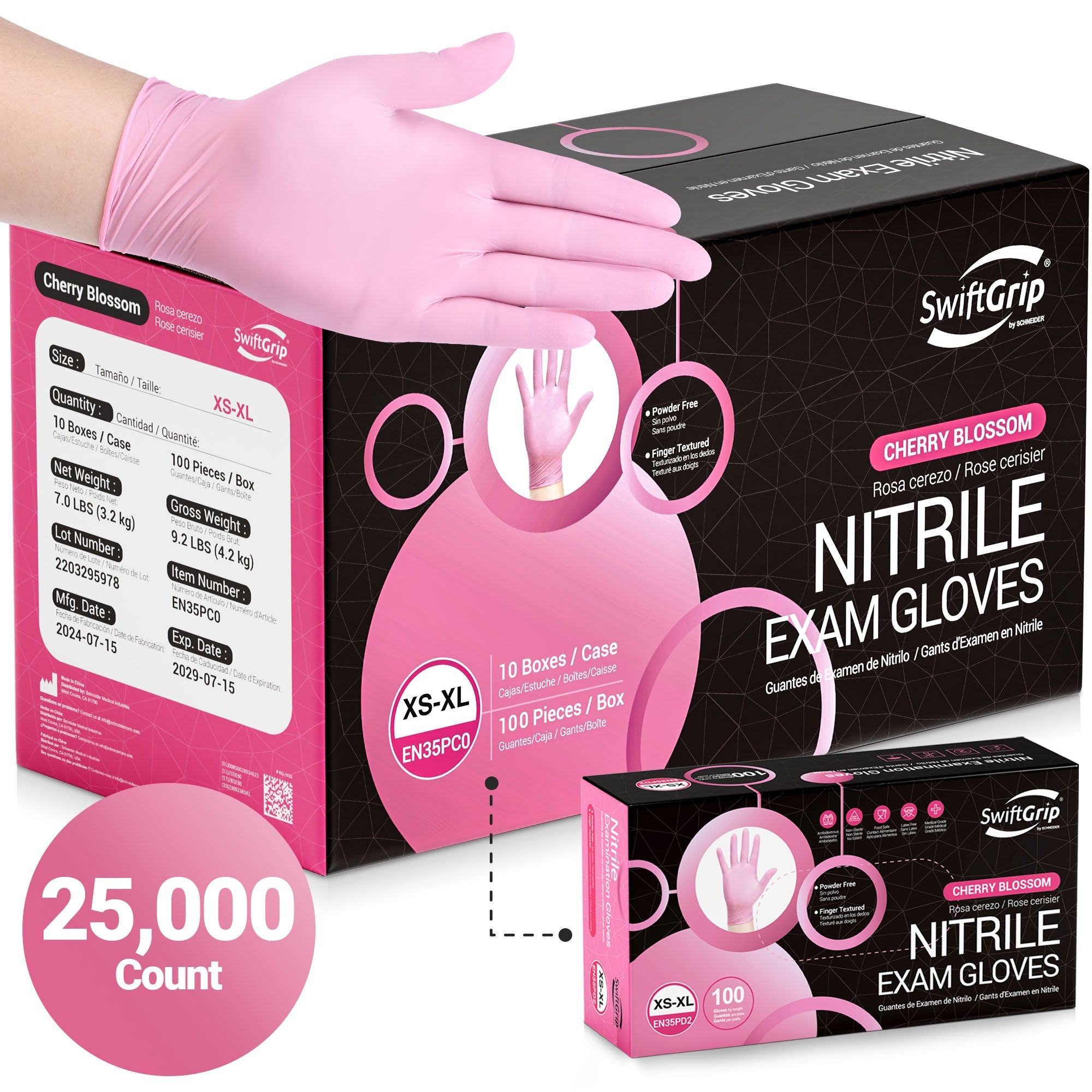 SwiftGrip Nitrile Gloves Cherry Blossom, 3mil, 25,000 Count - (EN35PDX-C)