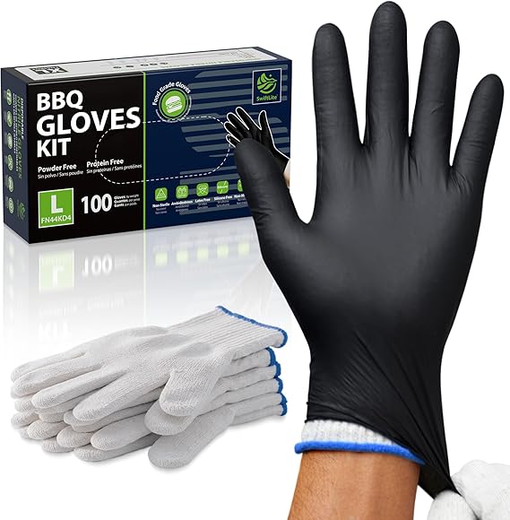 SwiftLite Barbeque Gloves Combo: 100 gloves/box Food Grade Disposable Nitrile Gloves (FN44KD), 4 mil, Black, Finger Textured, Powder Free, 3 Pairs White String Knit Cotton Work Gloves, TK100-W, One Size Fits All