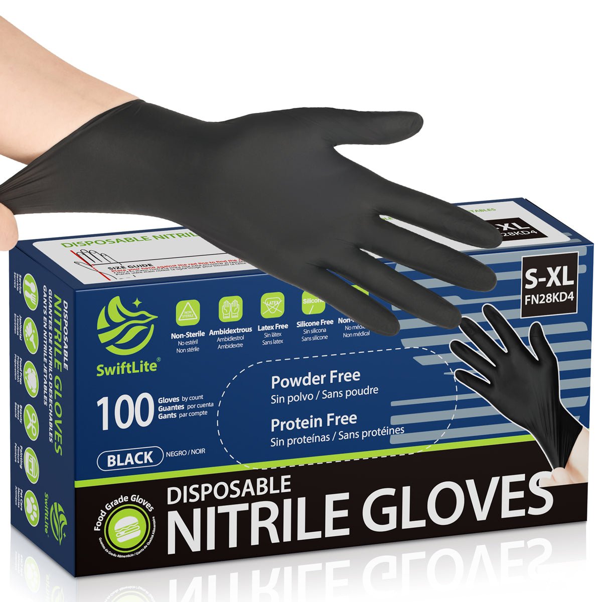 SwiftLite Nitrile Gloves Latex-Free 2.5Mil Disposable Gloves Black - (FN28K)