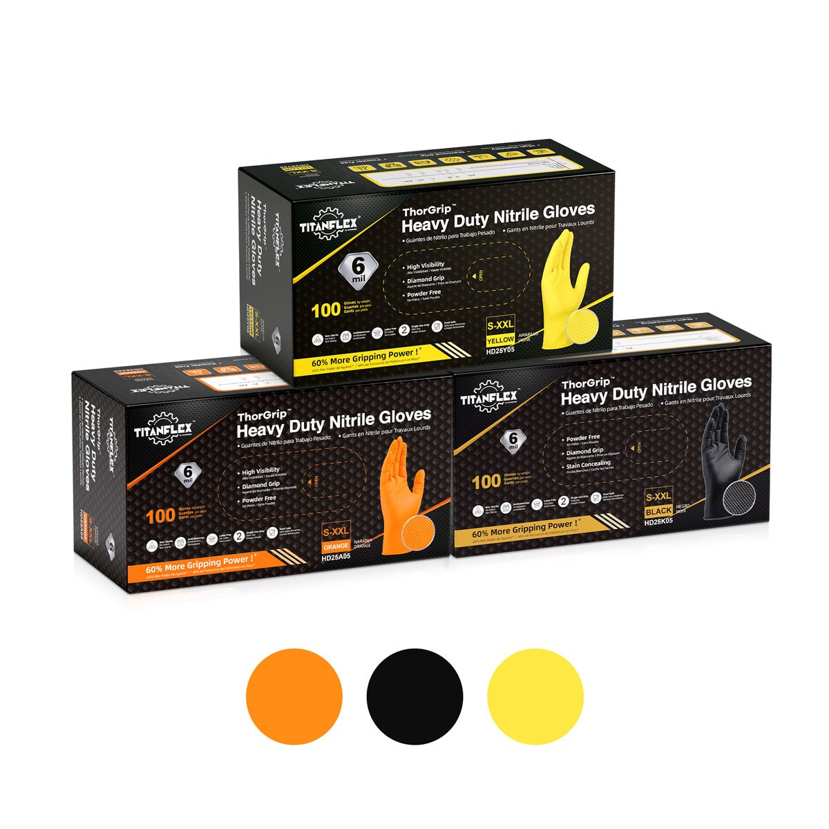 Three boxes of Titanlee Heavy Duty Nitrile Gloves in yellow, orange and black color.
