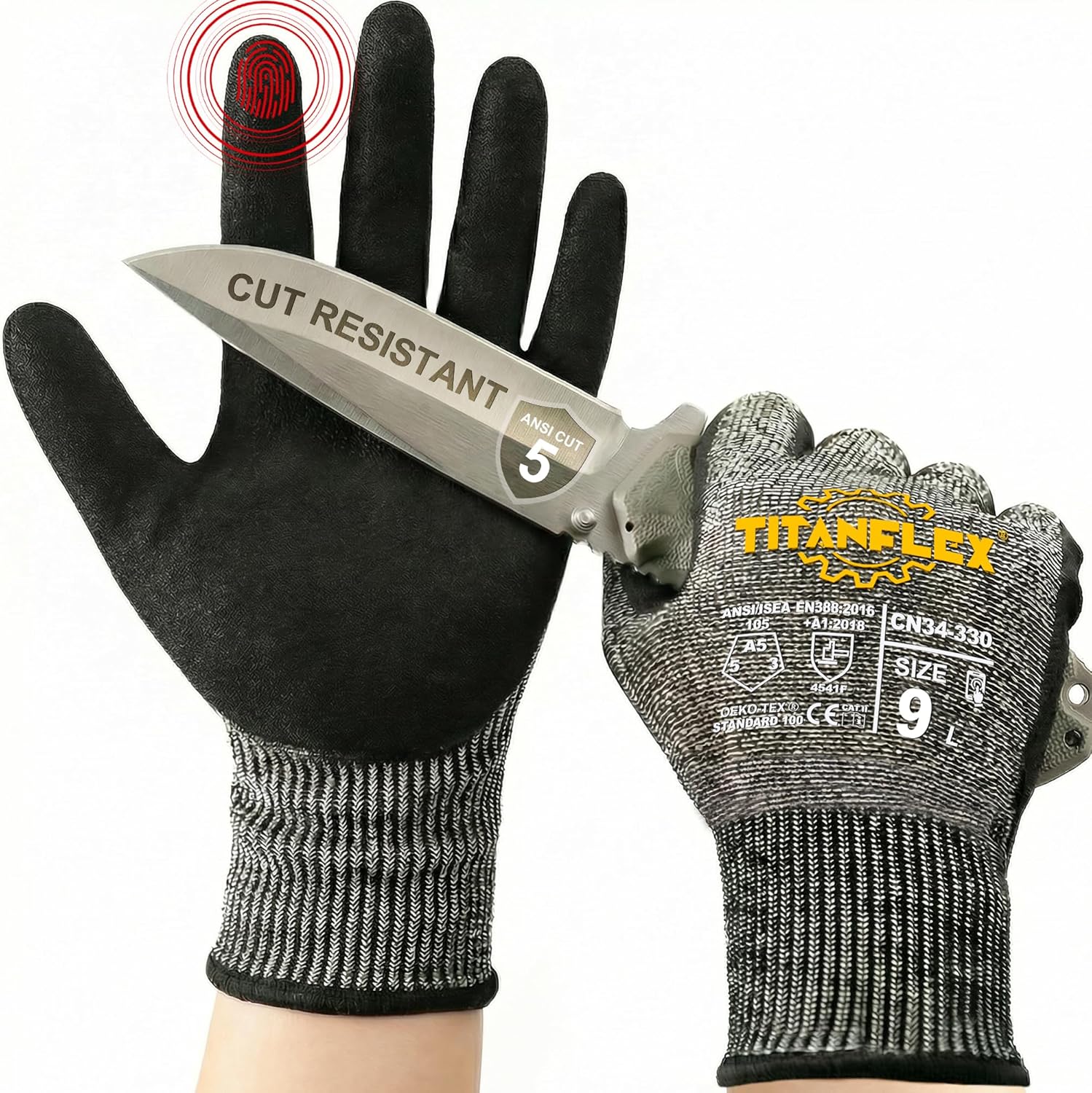TitanFlex Cut Resistant Gloves, ANSI A5, with Sandy Nitrile Grip, Black - (CN34-330-KK)