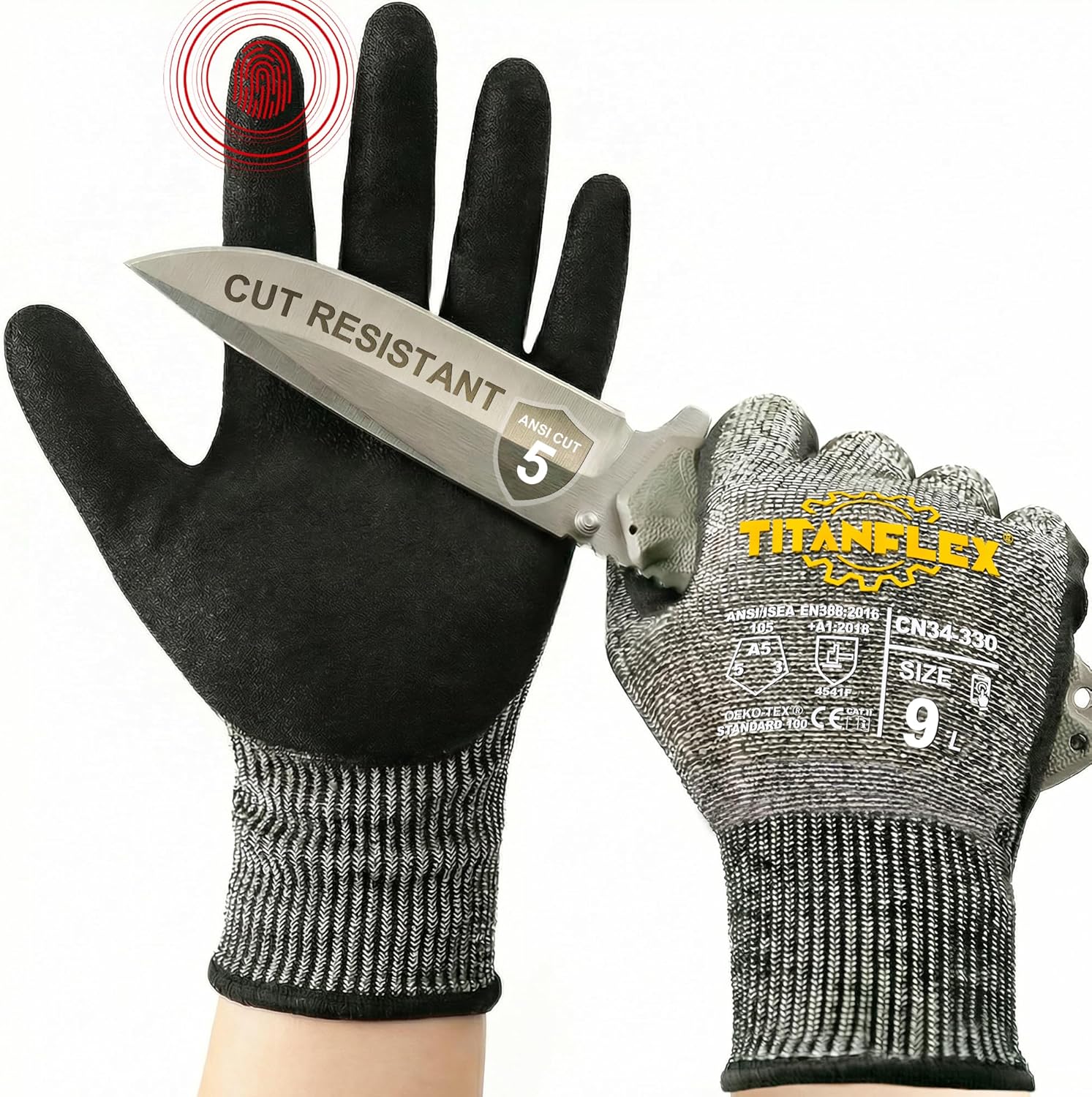 TitanFlex Cut Resistant Gloves, ANSI A5, with Sandy Nitrile Grip, Grey - (CN34-330-SK)