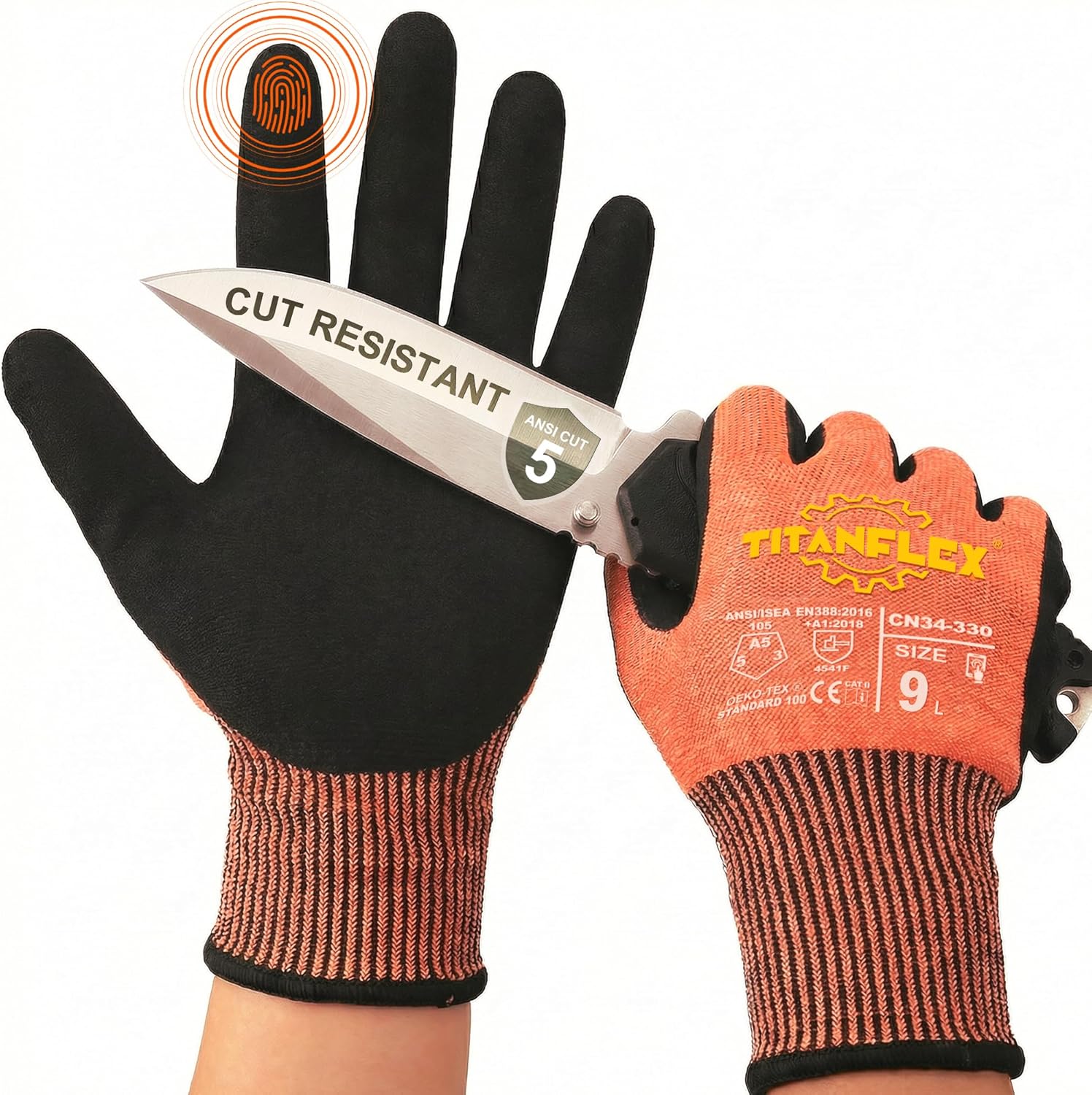 TitanFlex Cut Resistant Gloves, ANSI A5, with Sandy Nitrile Grip, Orange - (CN34-330-AK)