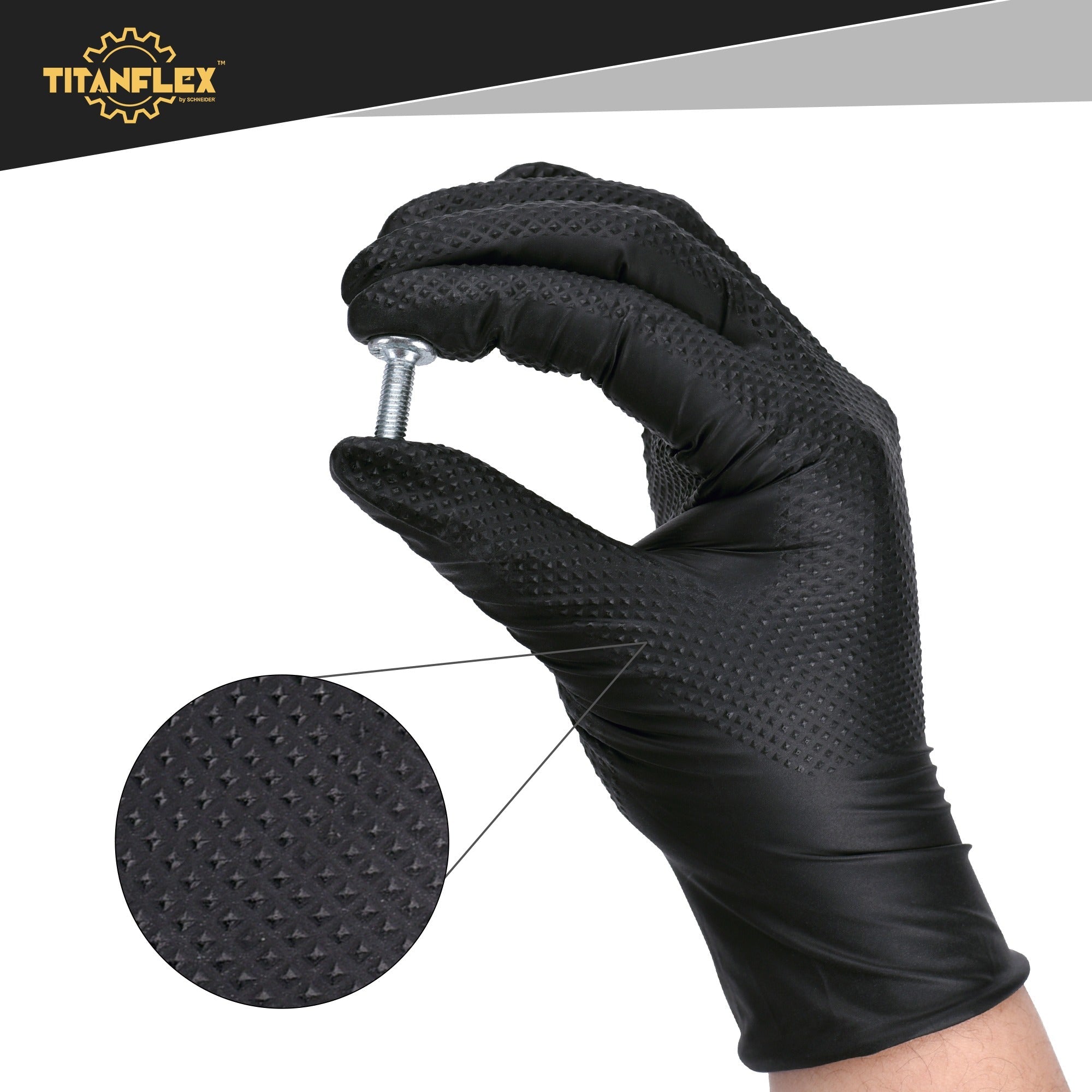 TitanFlex HD45K Heavy-Duty Black Nitrile Gloves - Raised diamond array pattern adds extra grip power