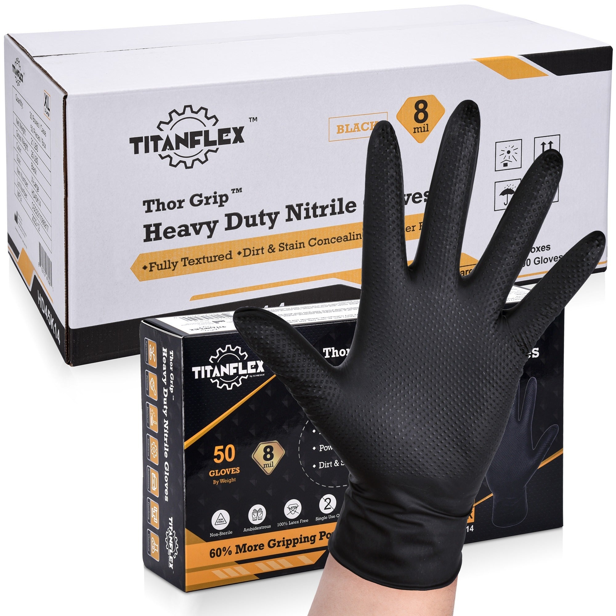 TitanFlex HD45K Series Black Heavy Duty Nitrile Gloves, with Raised Diamond Texture, Case of 1000 (20 Boxes)