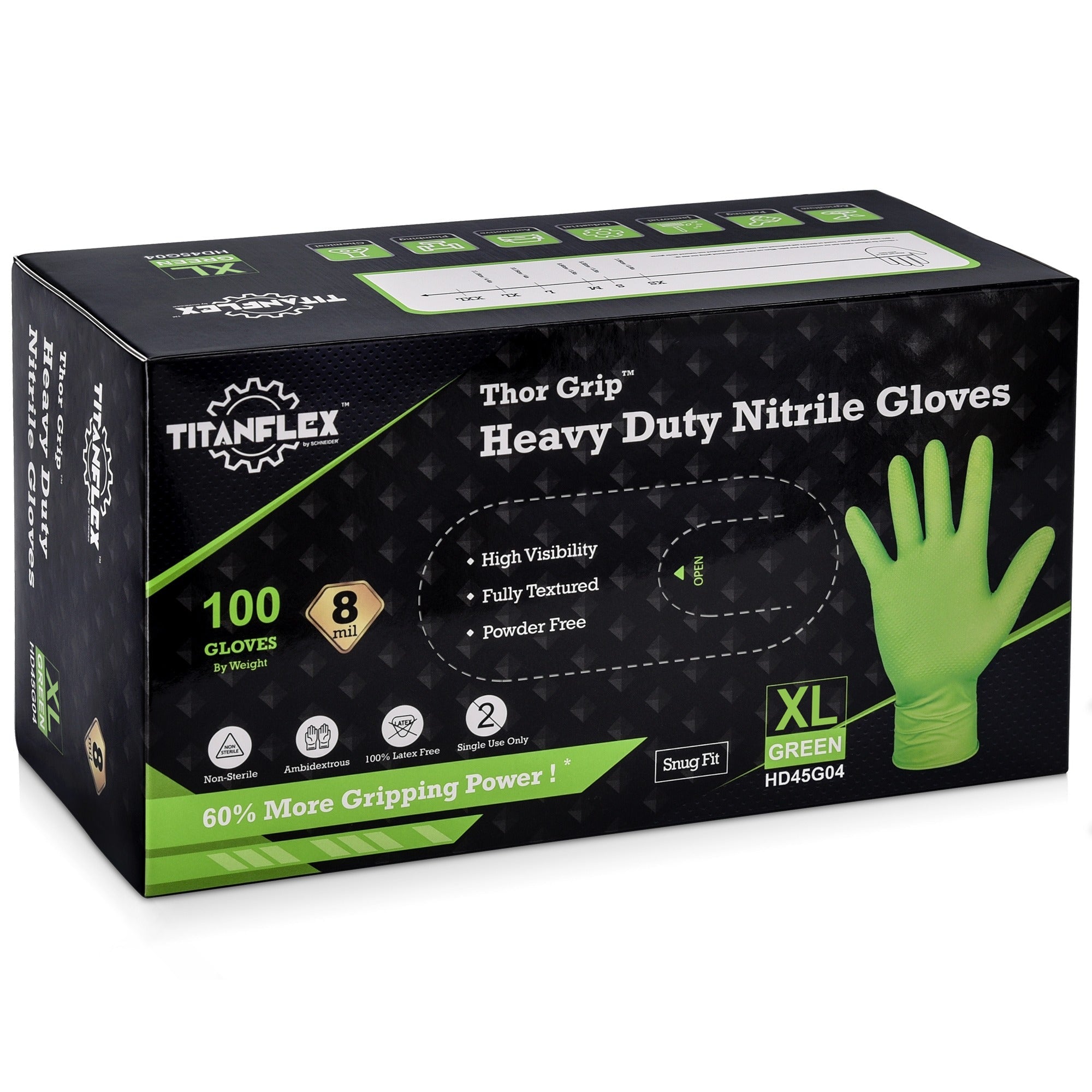 TitanFlex HD45G Series Green Heavy Duty Industrial Nitrile Gloves, XL, Box of 100