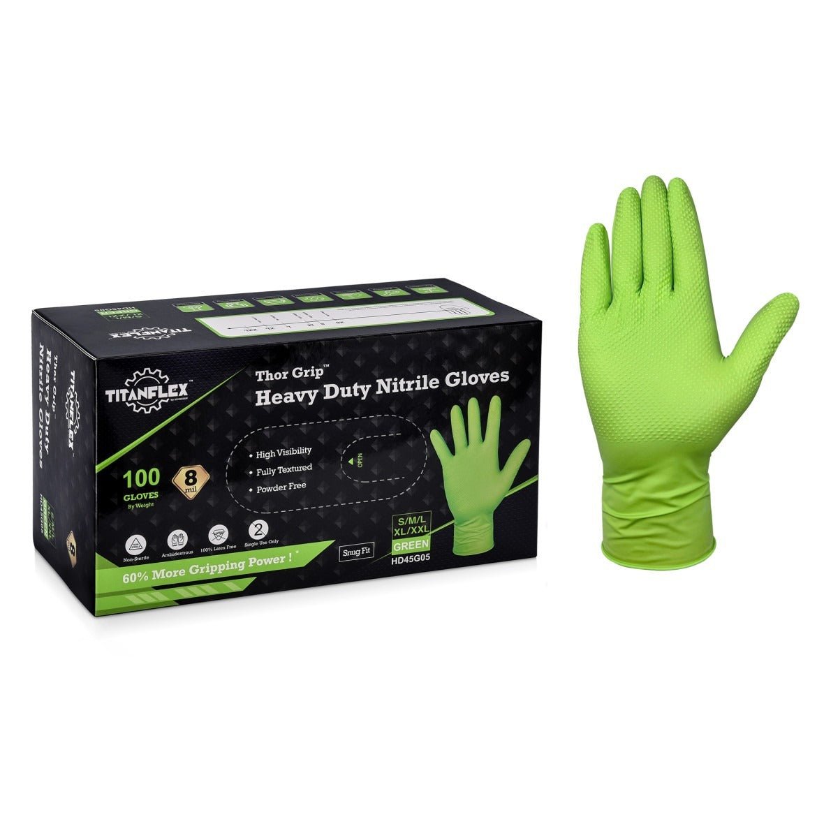 TitanFlex Disposable Heavy-Duty Industrial Nitrile Gloves Case Pack – Green, 8 Mil, HD45G Series, (10) x 100 Count Boxes (1000 Count)
