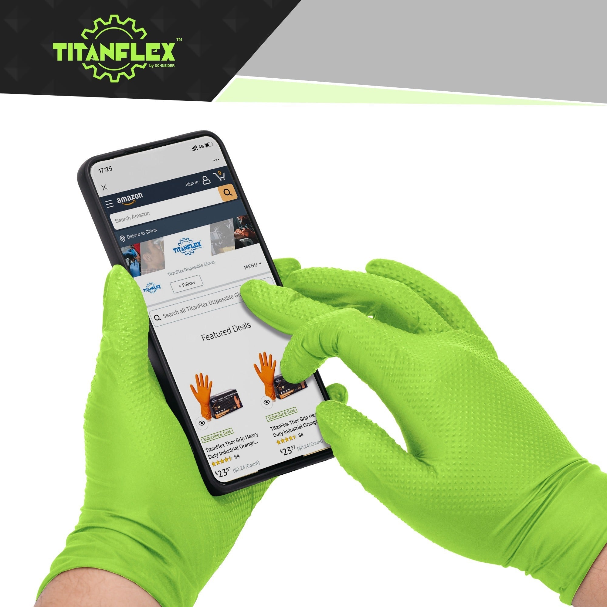 TitanFlex HD45G Heavy Duty Green Industrial Nitrile Gloves - Touchscreen compatible