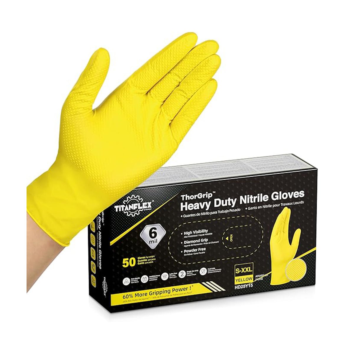 TitanFlex Disposable Heavy-Duty Industrial Nitrile Gloves Case Pack – Yellow, 6 Mil, HD25Y Series, (20) x 50 Count Boxes (1000 Count)