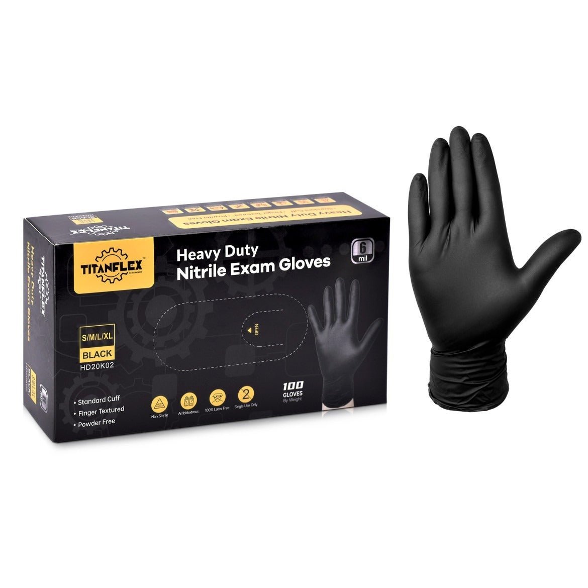 TitanFlex Disposable Heavy-Duty Nitrile Exam Gloves Case Pack – Black, 6 Mil, HD20K Series, (10) x 100 Count Boxes (1000 Count)