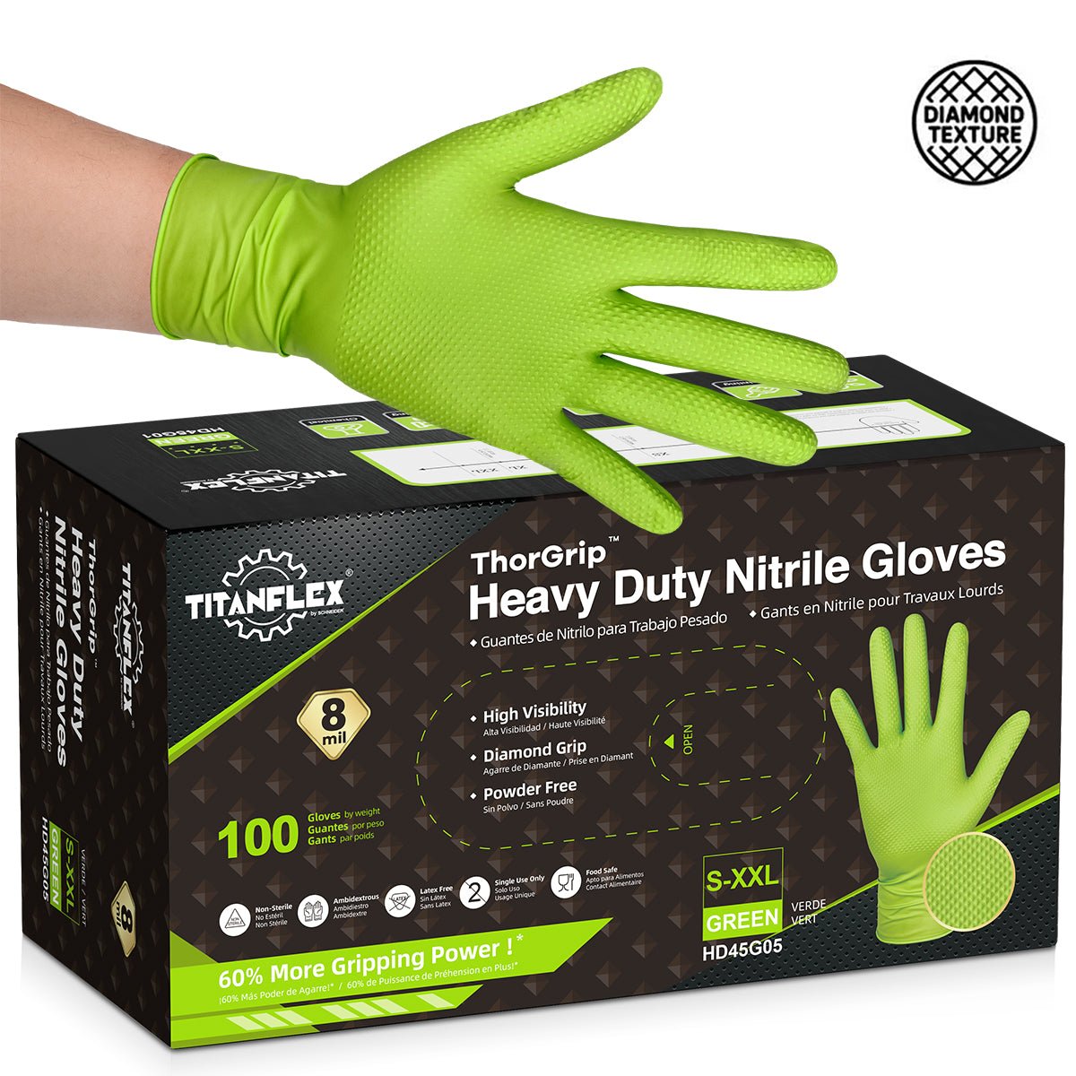 TitanFlex Nitrile Disposable Gloves Green 8 Mil Heavy Duty (HD45G)