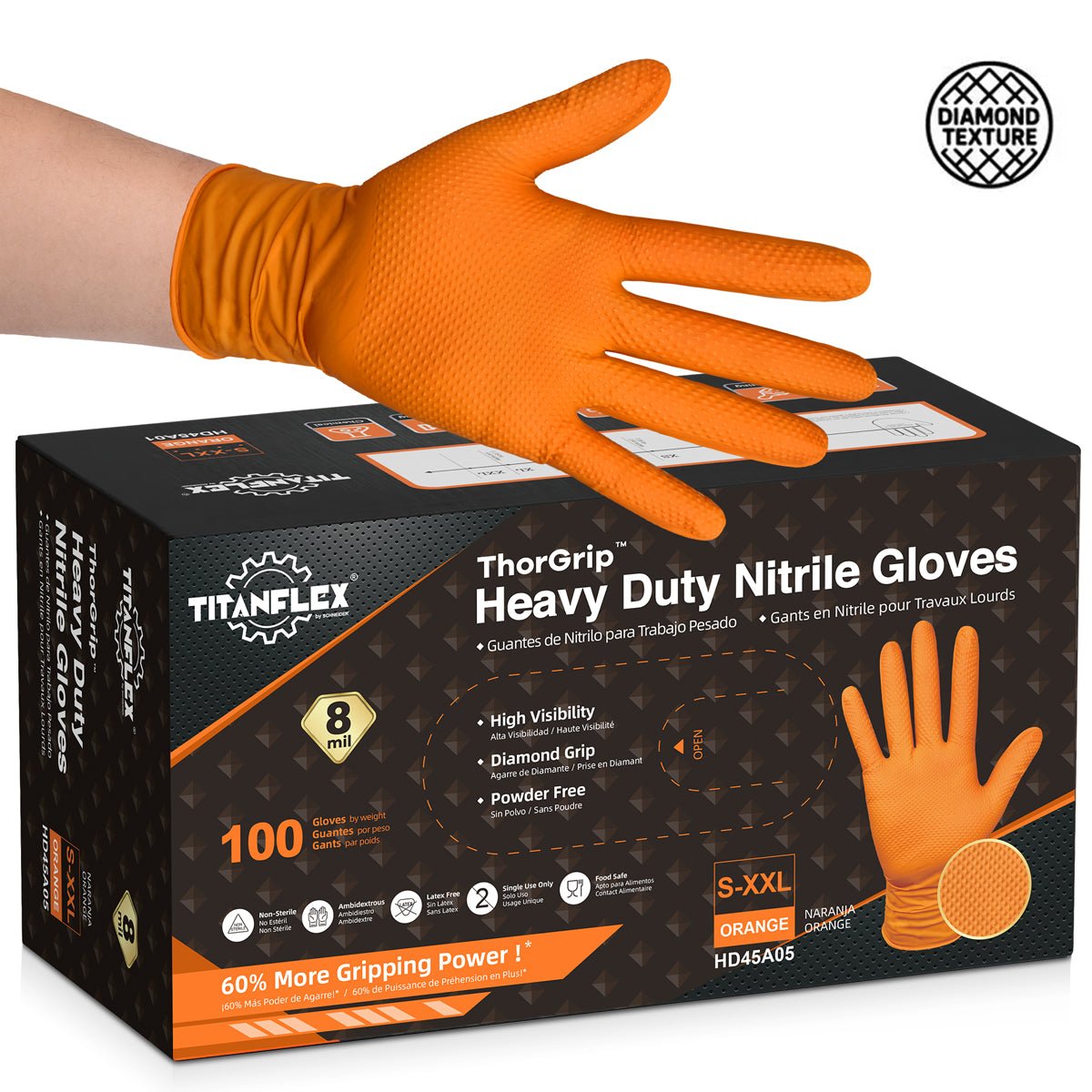 イオンスポーツ GIGA HS797 1W 10.5 TENSEI Orange TitanFlex Heavy Duty Nitrile 8Mil Disposable Gloves Orange - (HD45A)