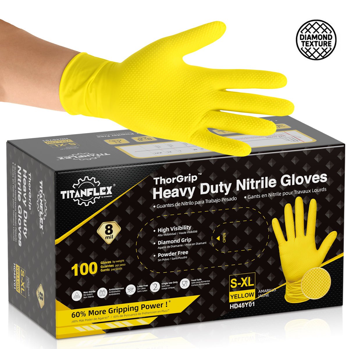 TitanFlex Heavy Duty Nitrile Gloves Latex-Free 8Mil Disposable Gloves Yellow - (HD45Y)