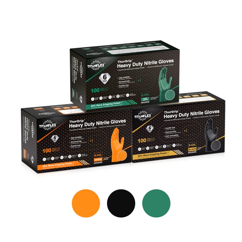 TitanFlex Industrial Nitrile Bundle, Latex-Free, 6Mil, Nitrile Disposable Gloves - Black, Dark Green & Orange - (HD25S1)