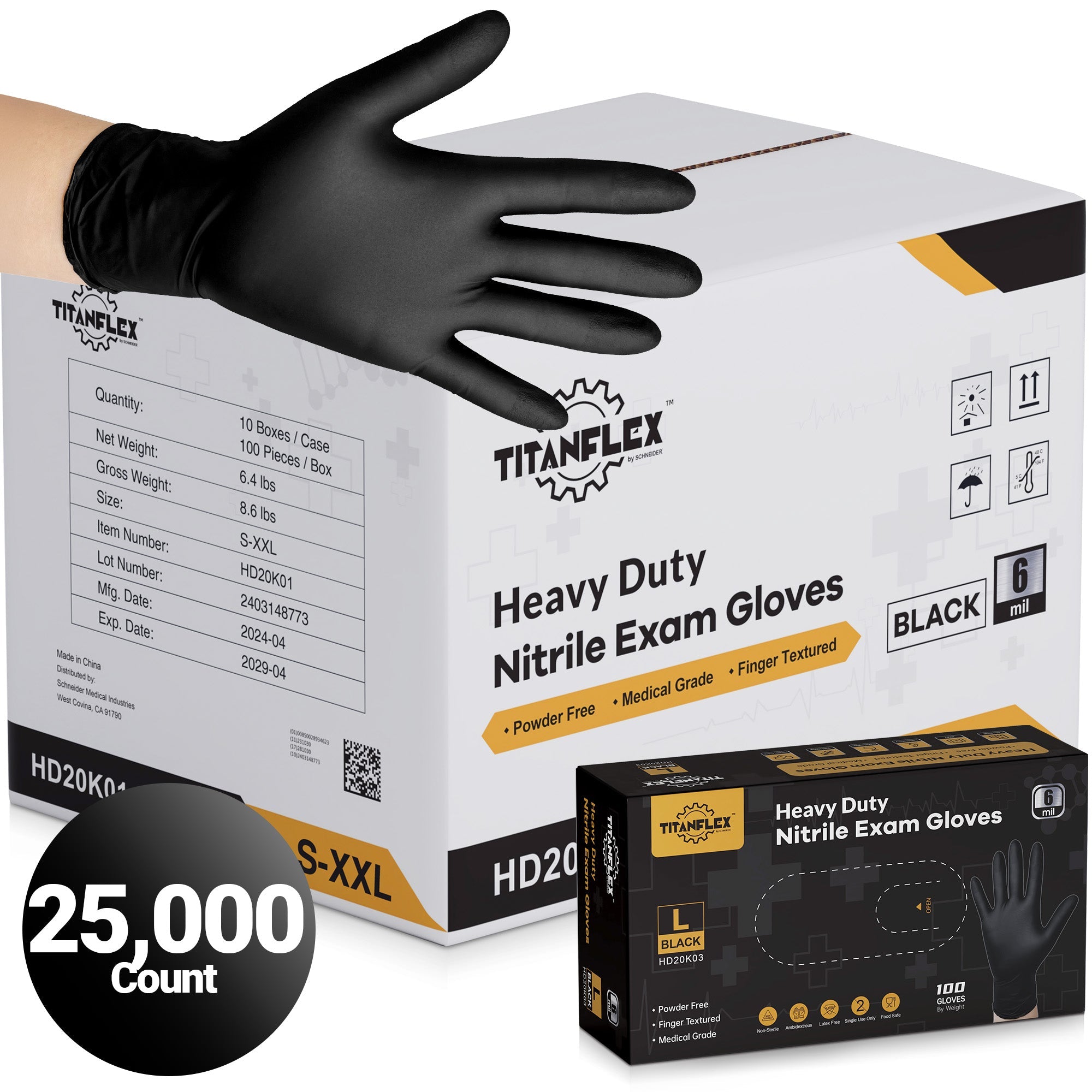 TitanFlex Nitrile Gloves Black, 25,000 Count, 6mil - (HD20K0X-C)