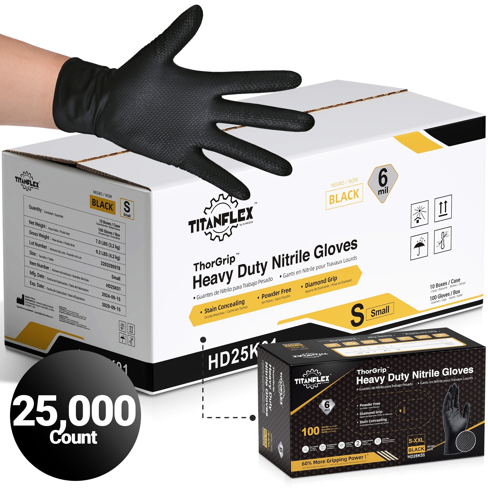 TitanFlex Nitrile Gloves Black, 25,000 Count, 6mil - (HD25K0X-C)