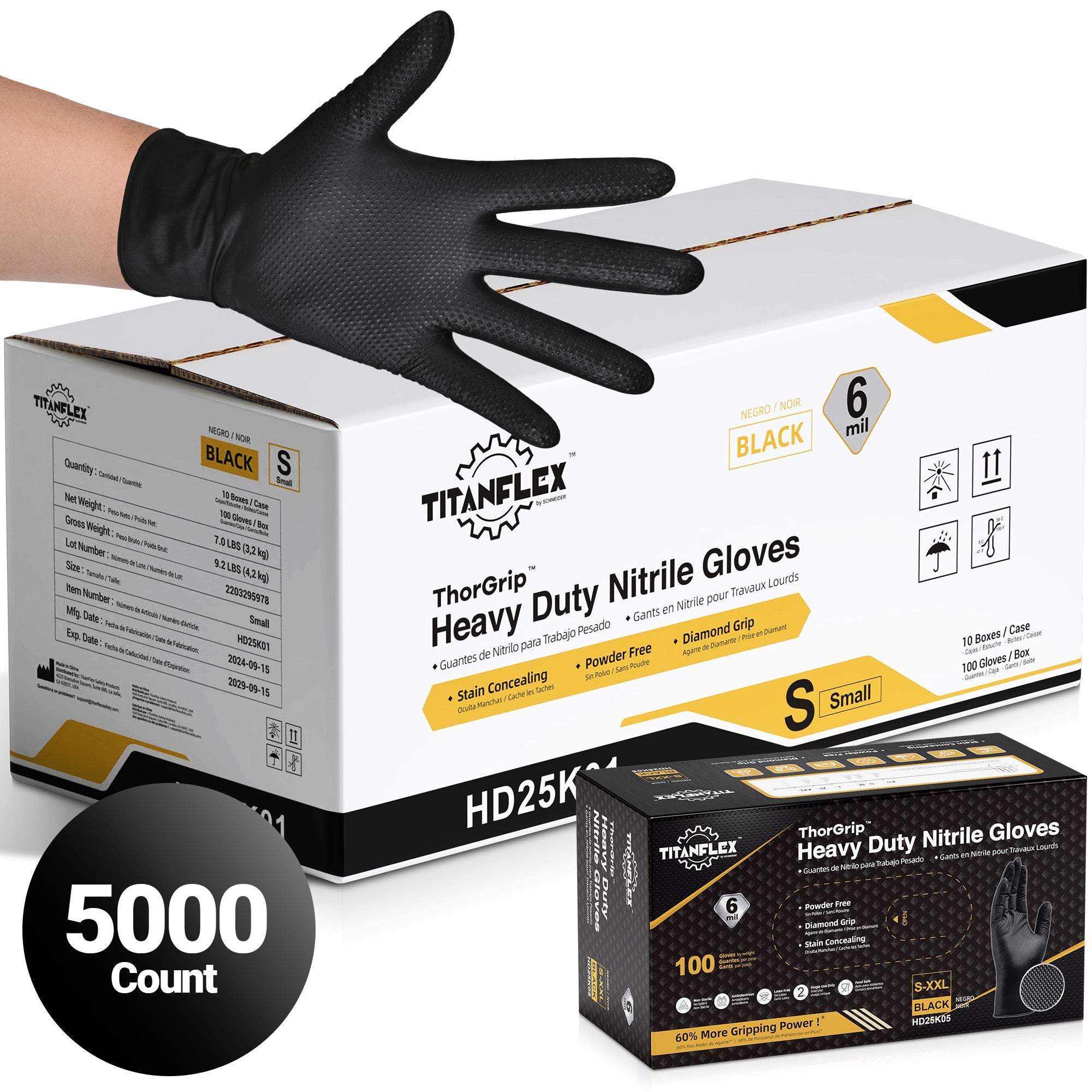 TitanFlex Nitrile Gloves Black, 5000 Count, 6mil - (HD25K0X-C)