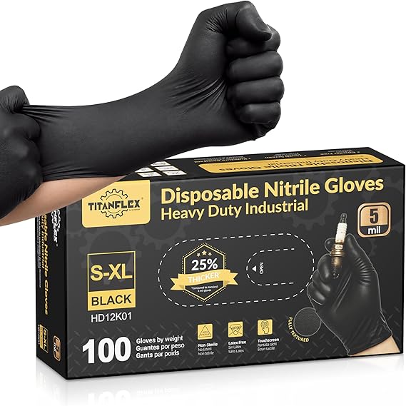 TitanFlex Nitrile Gloves Latex-Free 5 Mil, Fully Textured, Black Disposable Gloves - (HD12K)