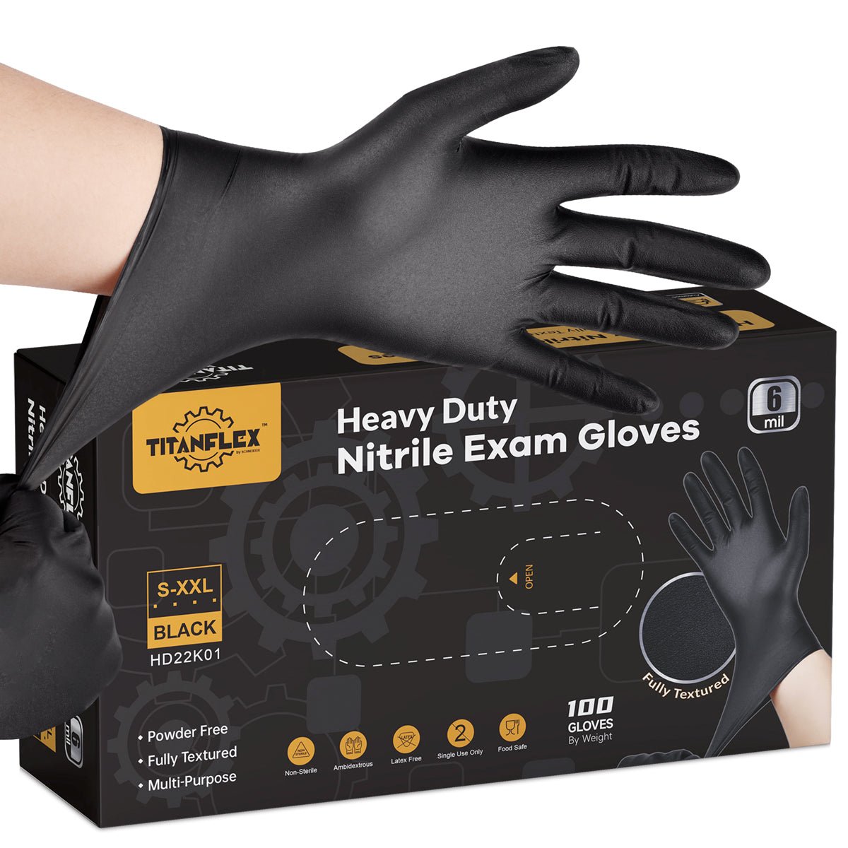 TitanFlex Nitrile Gloves Latex-Free 6mil Disposable Gloves Black HD22K 100 Count Large