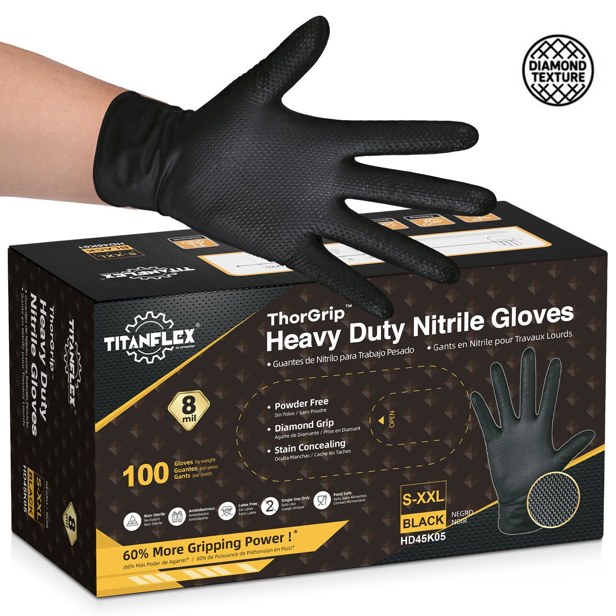 TitanFlex Nitrile Disposable Gloves Black 8 Mil Heavy Duty (HD45K)