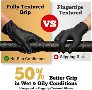 Comparison of fully textured grip gloves and fingertips textured gloves with text highlighting benefits.