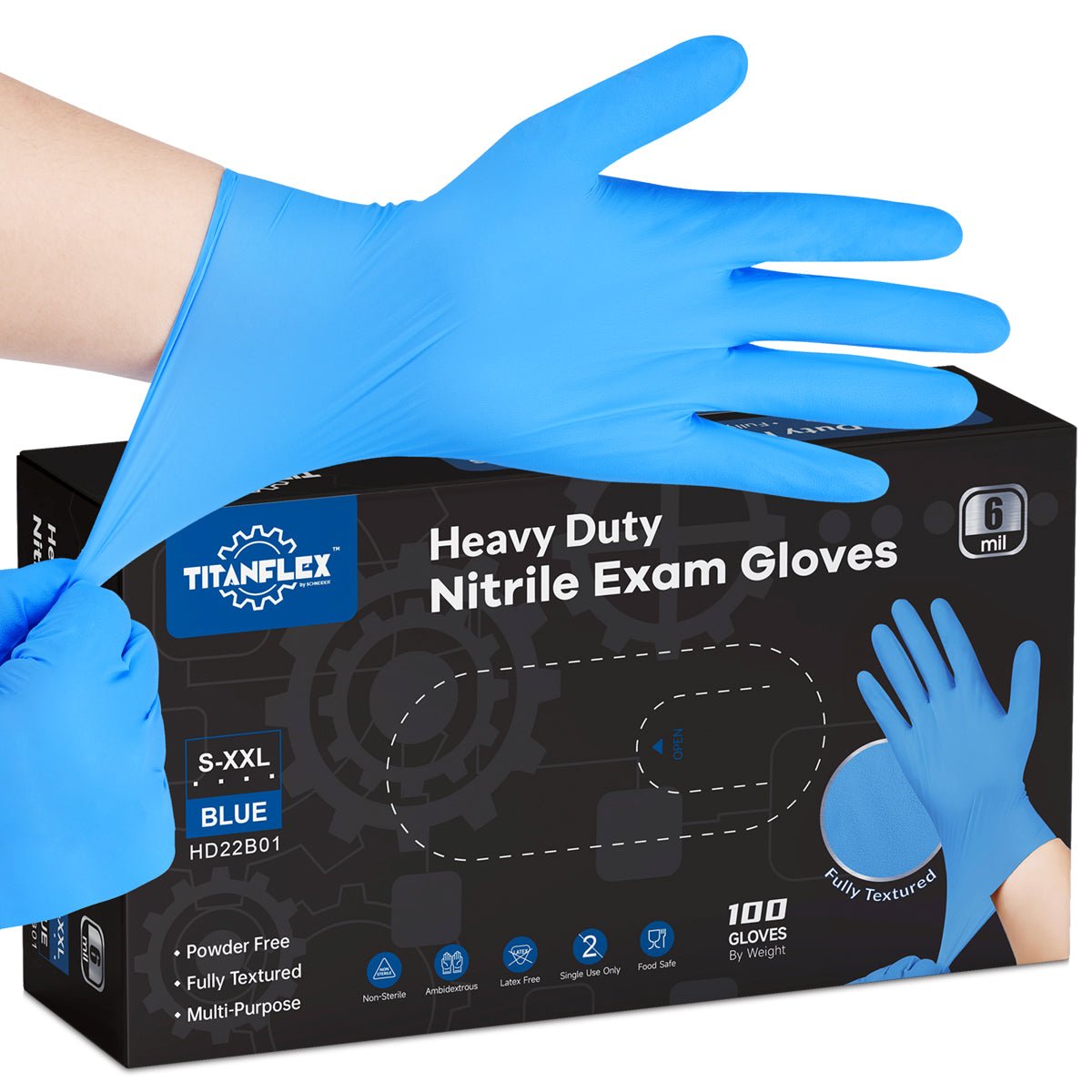 TitanFlex Nitrile Gloves Latex-Free 6mil Disposable Gloves Blue HD22B 100 Count Large