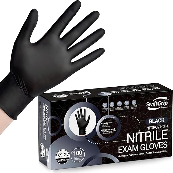 SwiftGrip Disposable Light-Duty Nitrile Exam Gloves Case Pack – Black, 3 Mil, EN35K Series, (10) x 100 Count Boxes (1000 Count)