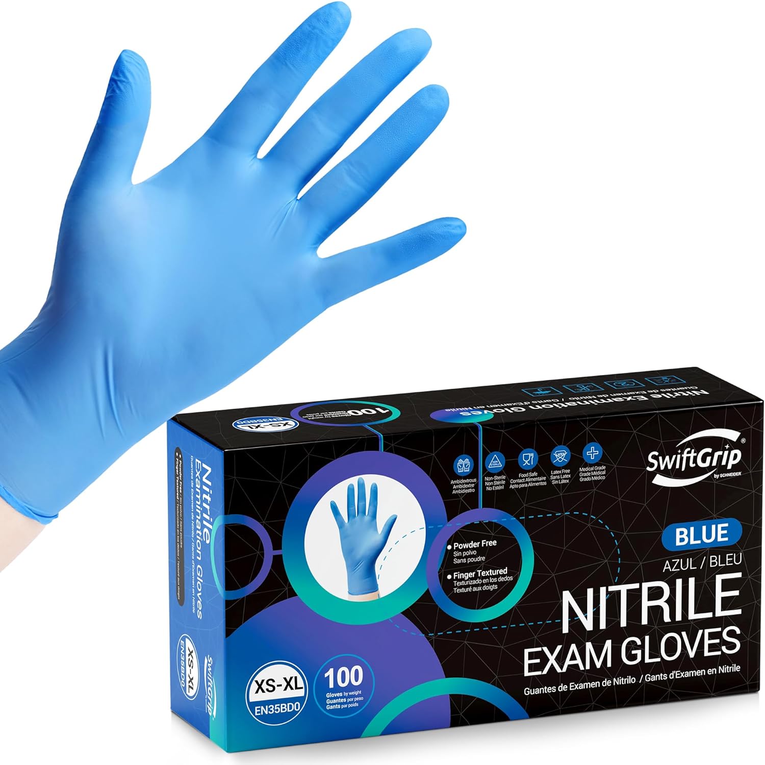 SwiftGrip Disposable Light-Duty Nitrile Exam Gloves Case Pack – Blue, 3 Mil, EN35B Series, (10) x 100 Count Boxes (1000 Count)