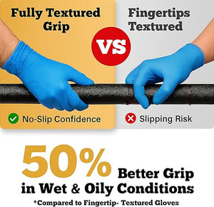Comparison of fully textured grip gloves and fingertips textured gloves with text highlighting benefits.