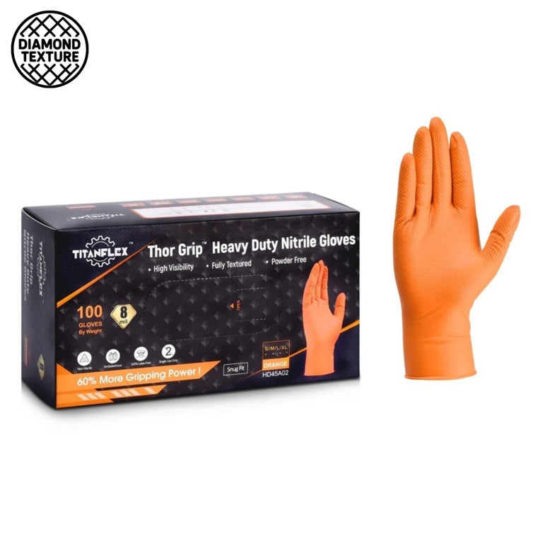 Paquete de guantes de nitrilo industriales desechables de alta resistencia TitanFlex – Naranja, 8 milésimas de pulgada, serie HD45A, (20) cajas de 50 unidades (1000 unidades)