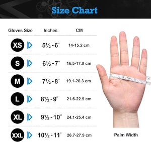 Glove size chart with hand measurements and ruler for size reference
