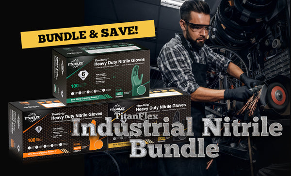 Person working on machinery with TitanFlex Industrial Nitrile Bundle boxes in the foreground.