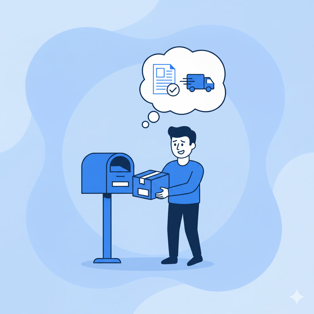 Illustration of a person delivering a package to a mailbox with a thought bubble showing a delivery icon.