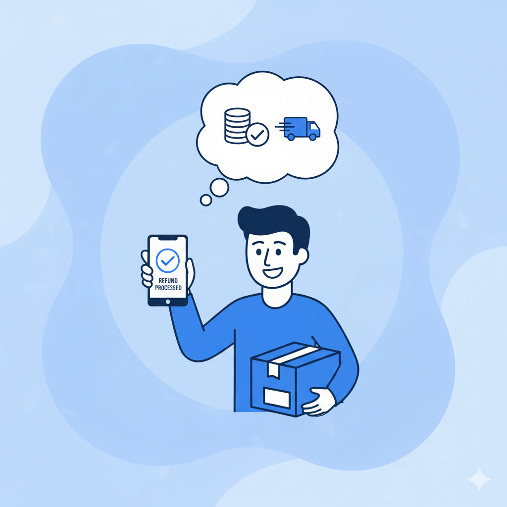Illustration of a person holding a package and a phone with a thought bubble showing a payment icon and delivery truck, on a light blue background.