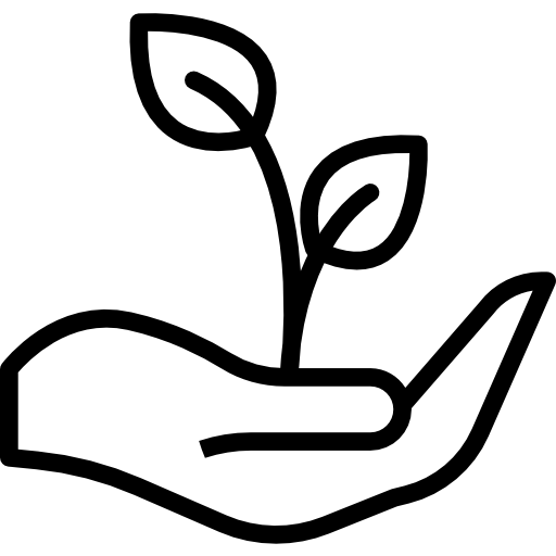 Outline of a hand holding a small plant with two leaves