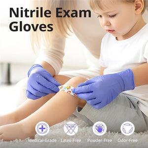 Person applying a bandage to a child's arm with text about violet nitrile exam gloves.